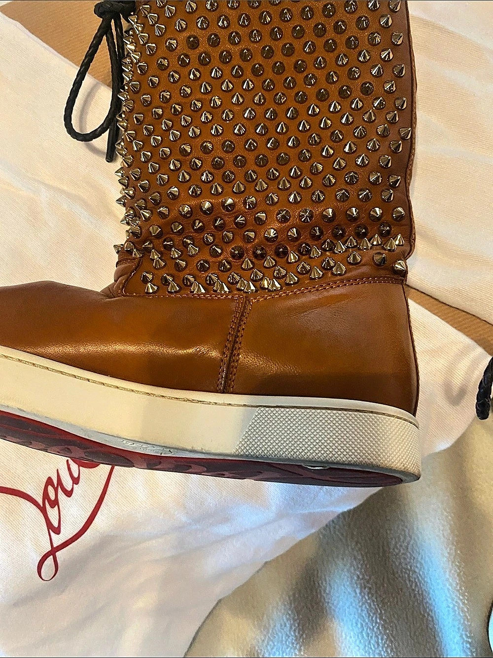 Christian Louboutin Suri Apowyn Flat Nappa/Shearl/Spikes Studded Flat Boots in - Picture 3 of 11